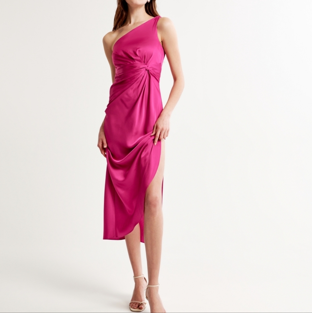 NWT Abercrombie & Fitch One Shoulder Satin Knotted Midi Dress - Pink